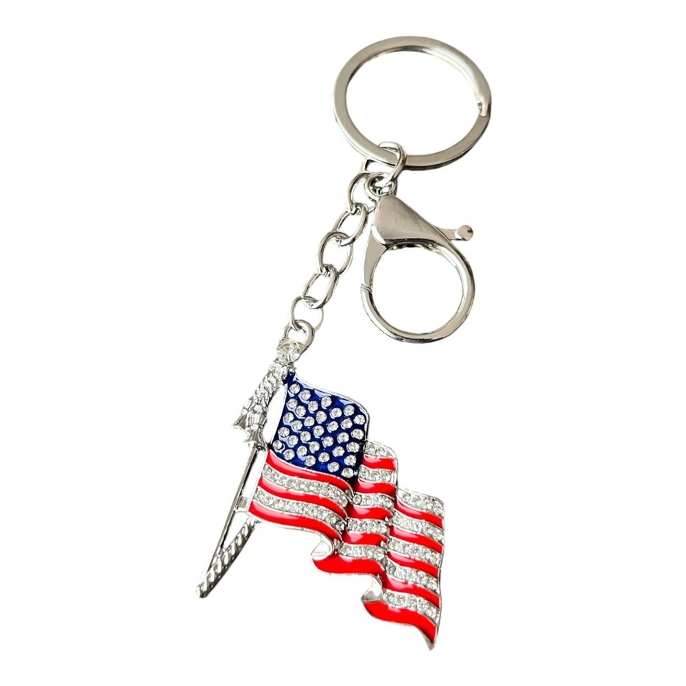Women's Key Chain Red White Blue Silver American Flag Rhinestone 4" Length